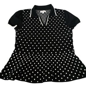 Elle Black White Polka Dot Peplum Women's Collared‎ Short Sleeve Blouse Size L